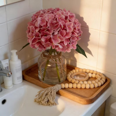 Real Touch Hydrangea Artificial Flowers in Vase with Wood Bead String, Lifelike Faux Hydrangea Flowers for Home Decoration, Pink | Target