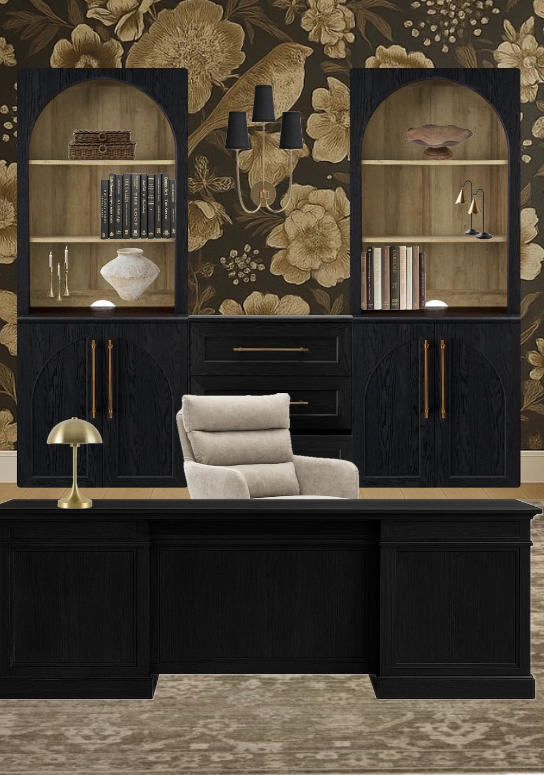 This wall is the heart of the office. Arched cabinets with built-in lighting highlight styled shelving, while brass accents bring warmth against the dark floral backdrop. The desk complements the look with functional filing cabinets tucked into a sleek design.

Design details:
	•	Arched cabinet doors with integrated shelving
	•	Built-in lighting for styled displays
	•	Executive desk with filing cabinets

A perfect example of how to turn both storage + work into a statement.