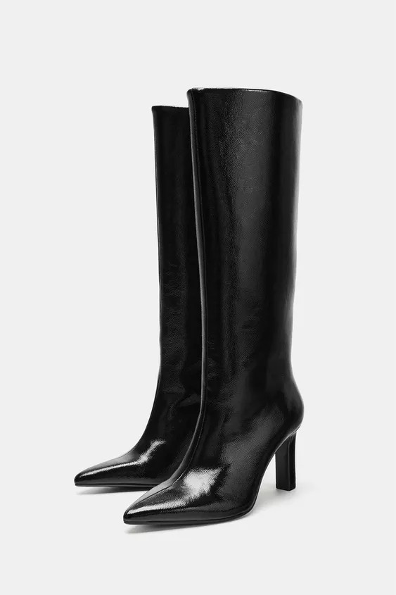 FAUX-PATENT WIDE-LEG BOOTS WITH BLOCK HEEL | Zara UK