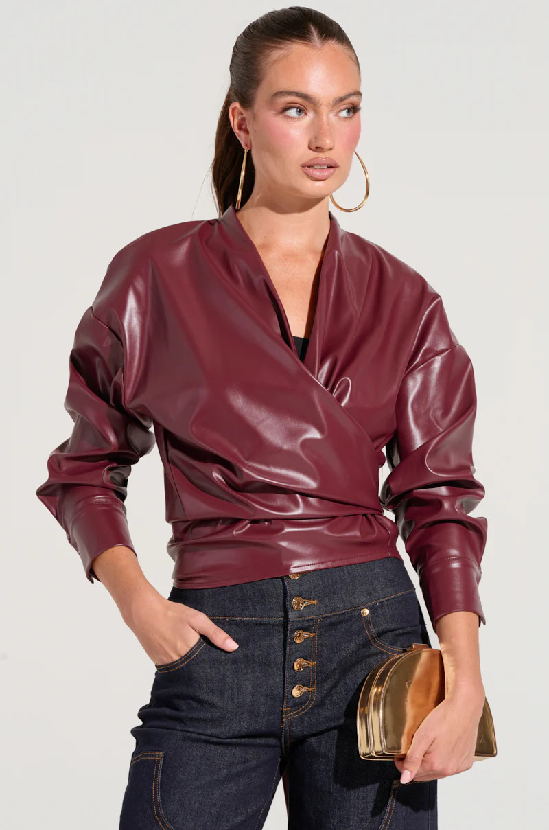 DYLAN FAUX LEATHER WRAP FRONT BLOUSE | AKIRA
