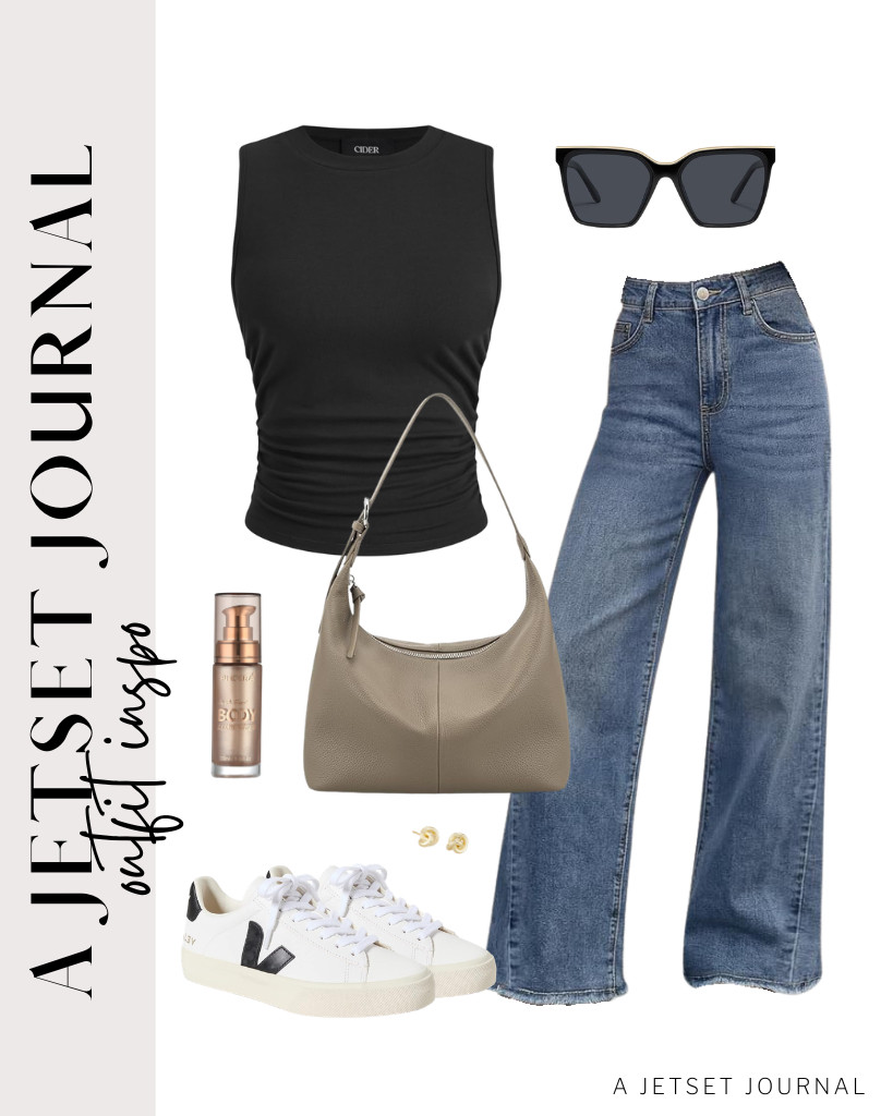 Our final outfit is a black sleeveless high-neck top paired with Trendy Queen’s jeans. This fit goes well with Veja Campo sneakers and a befen slouchy bag. Finish this chic look with QUAY sunnies and a bit of body shimmer oil.

#LTKSeasonal #LTKSaleAlert #LTKTravel 

 