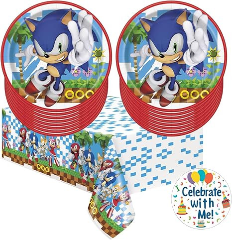 Unique Sonic the Hedgehog Party Supplies Plastic Table Cover and 16 Round 9” Plates with Celebr... | Amazon (US)