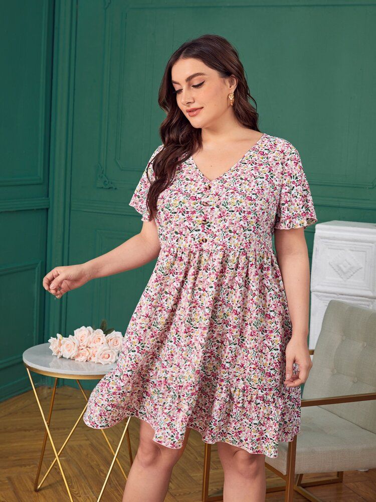 SHEIN Plus Buttoned Front Ditsy Floral Dress | SHEIN