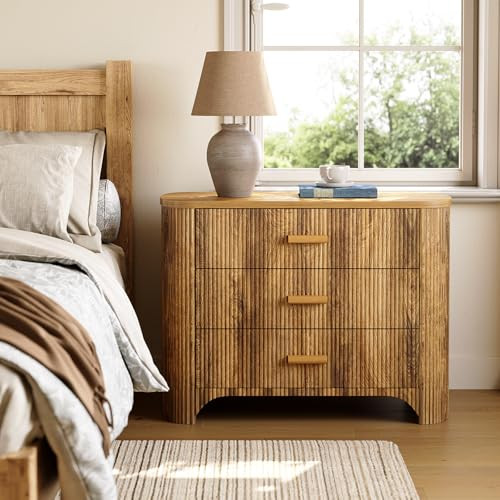 LITTLE TREE Large Wide Nightstand with 3 Drawers, Mid Century Modern Oversized Bedside Table for Bedroom, Big Night Stand with Fluted Striped Panel & Closed Back, Oak | Amazon (US)