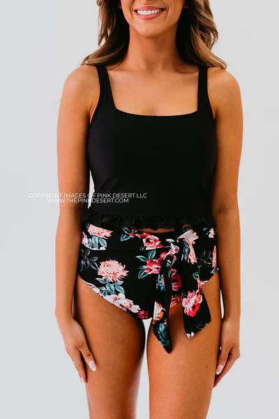 HIGH WAIST TIE FRONT SWIM BOTTOMS IN LE FLEUR BY PINK DESERT | Pink Desert