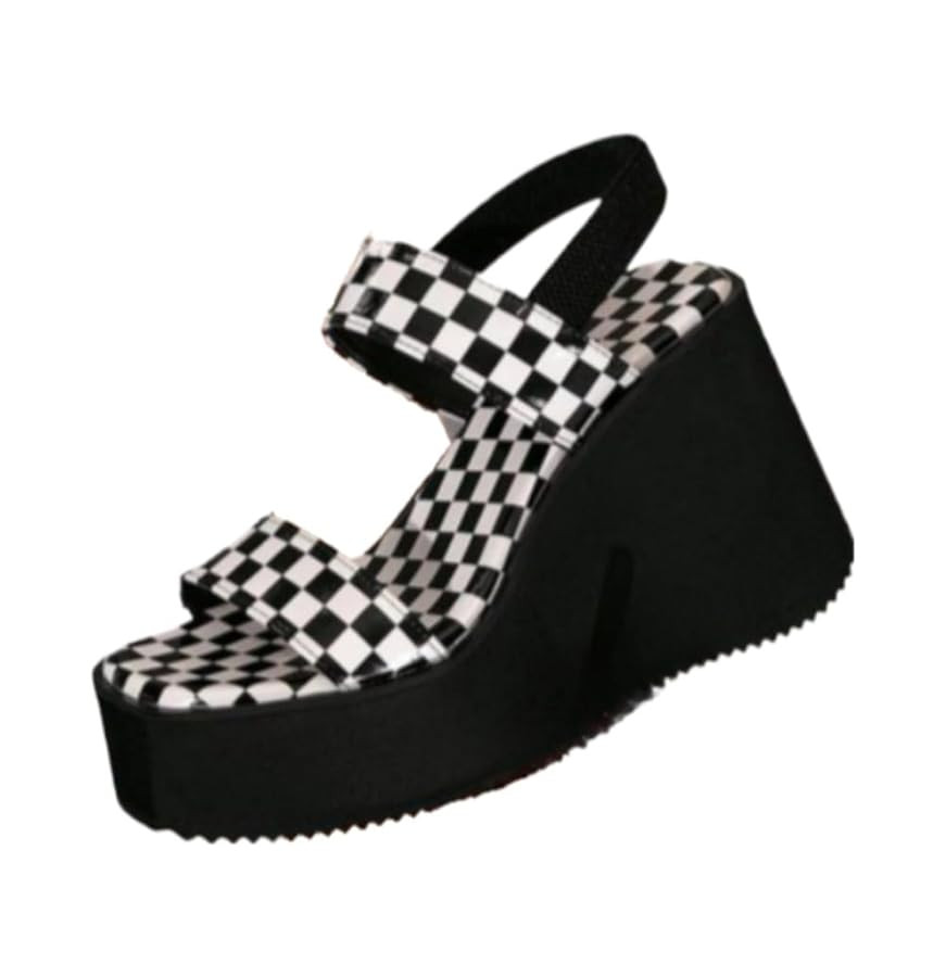 Women's Checkered Pattern Platform Heels Sandals Trendy Slip on Wedge Sandals Chic All-match Shoe... | Amazon (US)