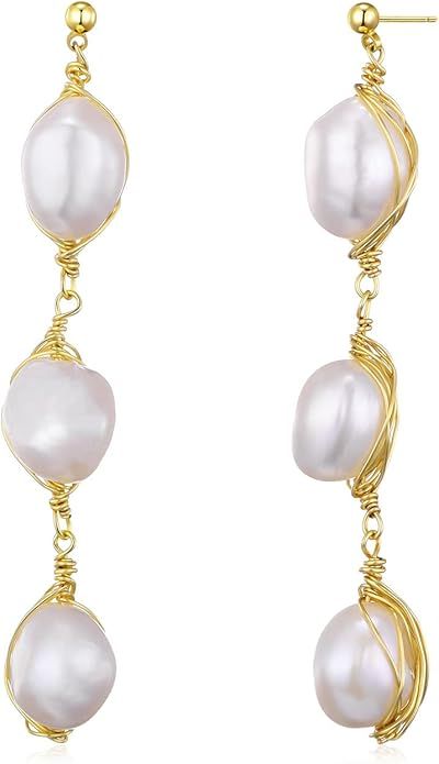 Long Pearl Drop Dangle Earring - Baroque Pearl Earrings with 14k Gold Plated - Statement Dainty J... | Amazon (US)