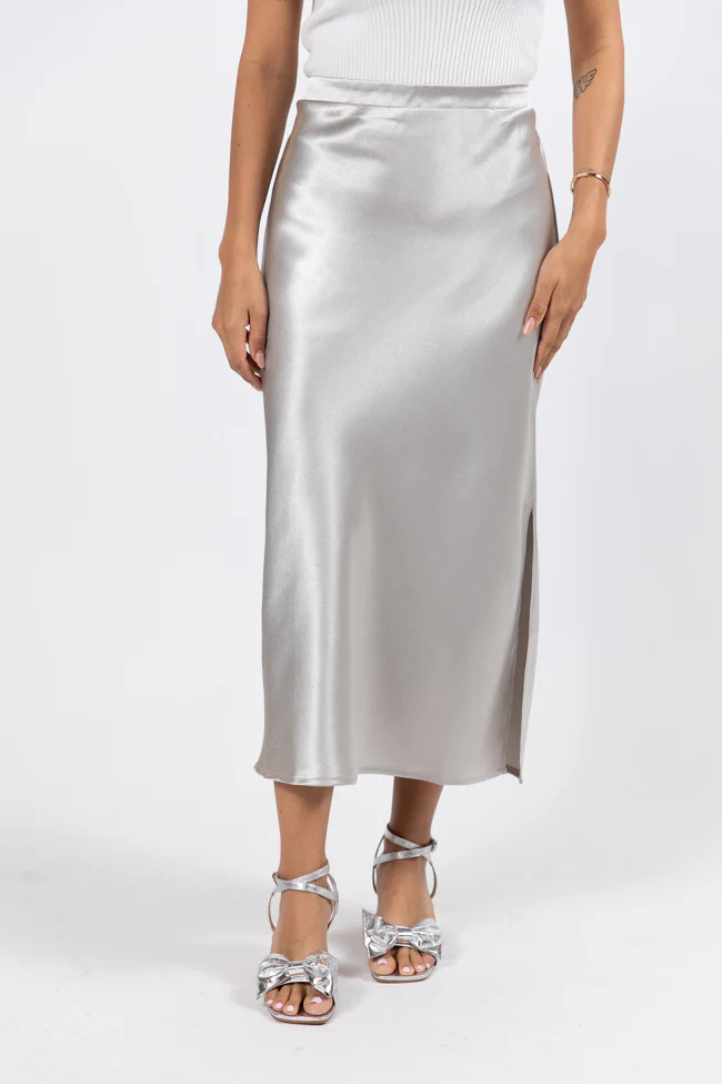Love On The Brain Silver Satin Midi Skirt | Pink Lily