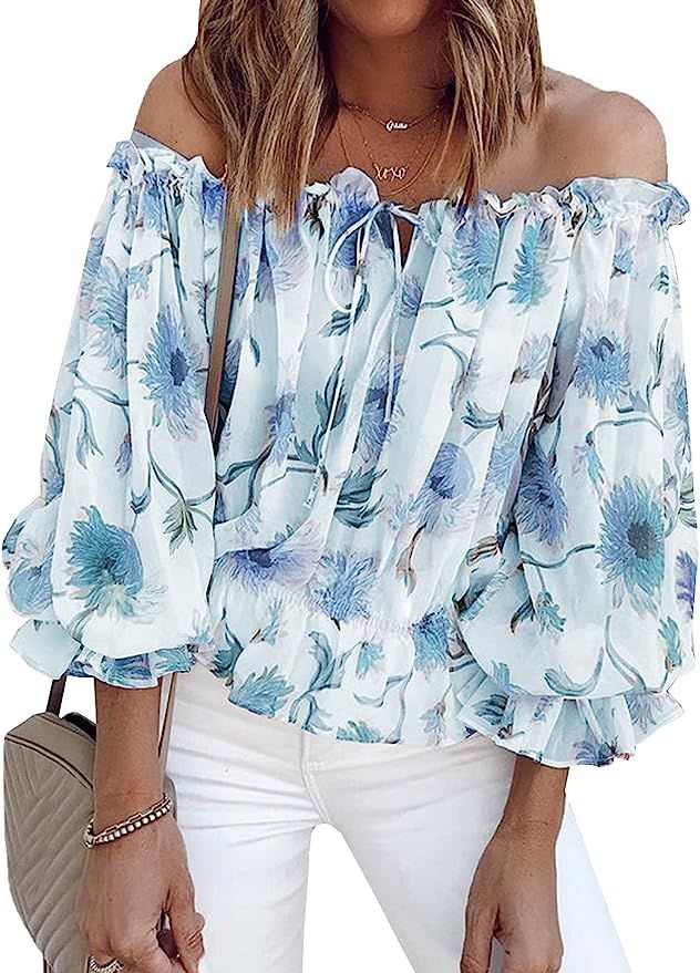 BLENCOT Women's 3/4 Ruffle Sleeve Off Shoulder Chiffon Blouse Summer Floral Print Casual T Shirts | Amazon (US)