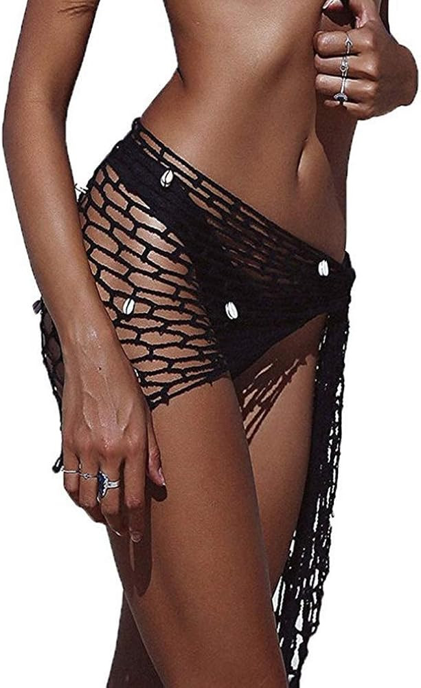 Women Hollow Out Crochet Cover Up Triangle Shawl Wrap Scarf Sarong Fishnet Skirt with Shells/Sequ... | Amazon (US)