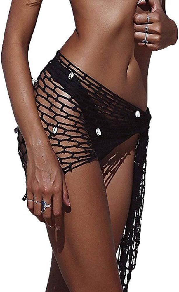 Women Hollow Out Crochet Cover Up Triangle Shawl Wrap Scarf Sarong Fishnet Skirt with Shells/Sequ... | Amazon (US)