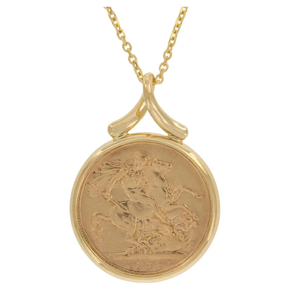 18 Karat Gold 1893 Gold Sovereign Victoria Coin Necklace by Michael Bondanza | 1stDibs