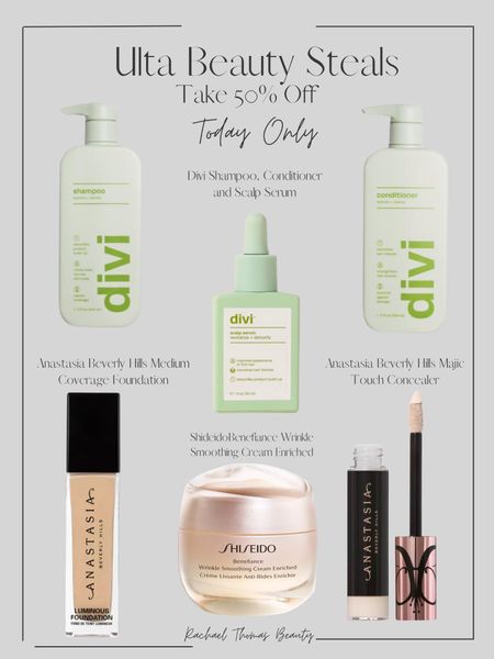 Todays Ulta Beauty Steals. Take 50% off Divi Shampoo, conditioner and scalp serum, plus ABH foundation and concealer!

#LTKsalealert #LTKbeauty #LTKover40