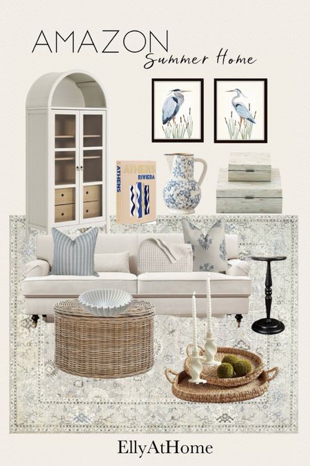 Amazon home living room summer styling. Shop coastal, classic sofa, display cabinet, area rug, artwork, throw pillows, side table, home decor accessories. Some selections on sale. Soft blues, neutral, white. 

#LTKSaleAlert #LTKHome #LTKFindsUnder50