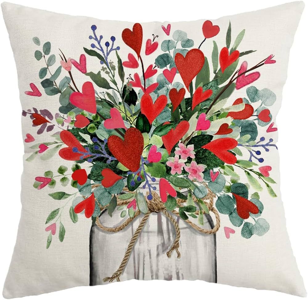 AACORS Valentines Day Pillow Cover 18X18 Inch Vase Heart Floral Decor Holiday Farmhouse Pillow Ca... | Amazon (US)