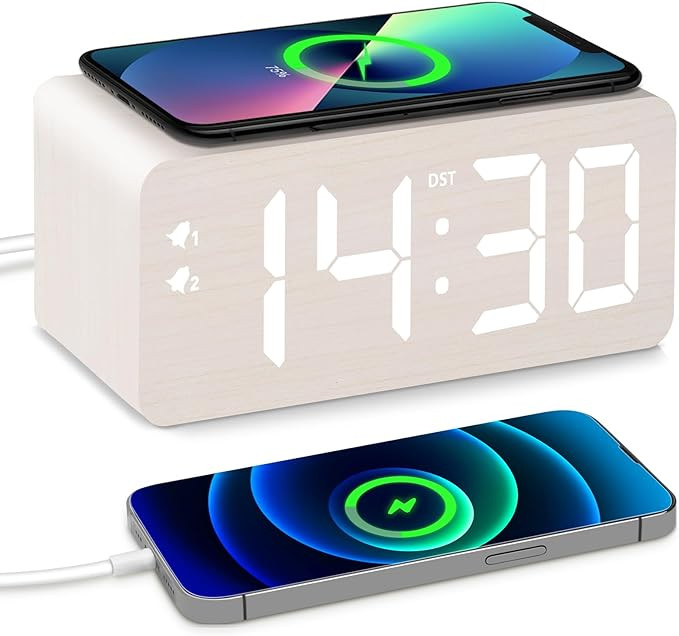 Wooden Digital Alarm Clock, 10W Fast Wireless Charger Station & 2 USB Charging Ports, with 0~99% ... | Amazon (US)