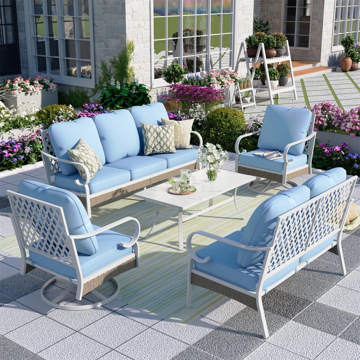 Summit Living 7-Seater Patio Conversation Set Metal Outdoor Furniture with Swivel Chair Sofa Blue | Walmart (US)
