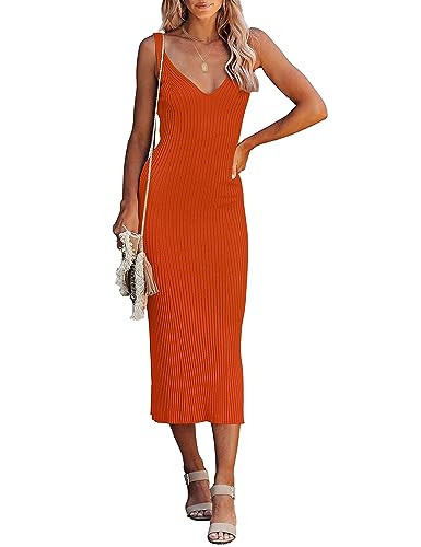 MEROKEETY Womens 2024 Summer V Neck Knit Midi Dress Bodycon Sleeveless Ribbed Sweater Dresses | Amazon (US)
