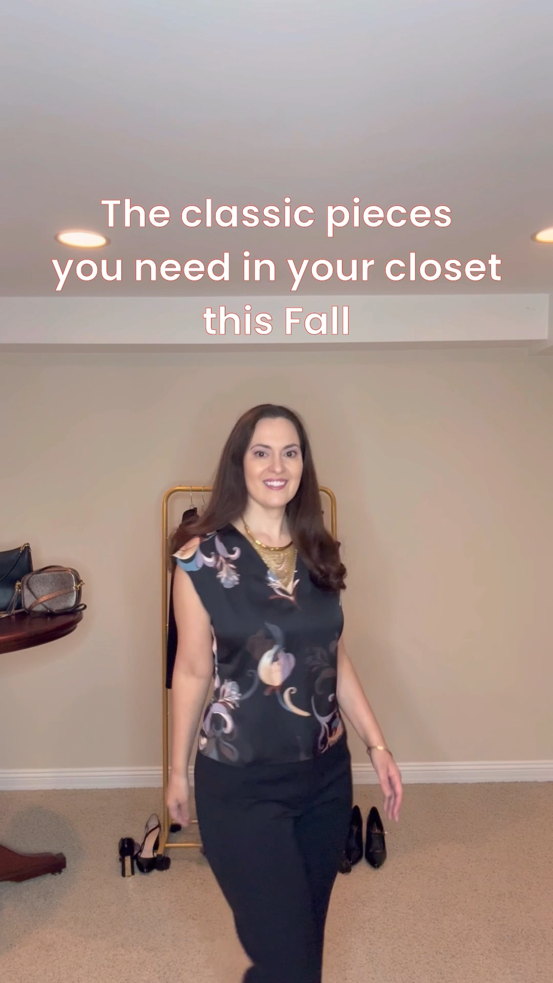 The print of this satin v-neck top is so pretty. The top is a little short so it looks better out than tucked in. The black pants have some stretch and a great fitting blazer / jacket is a must for Fall. Loving this ponte fitted blazer/jacket decorated with gold buttons. You can wear the jacket over a top/blouse and would look so chic over a dress. 