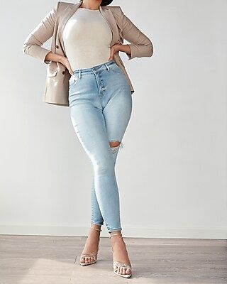 High Waisted Light Wash Ripped Curvy Skinny Jeans | Express