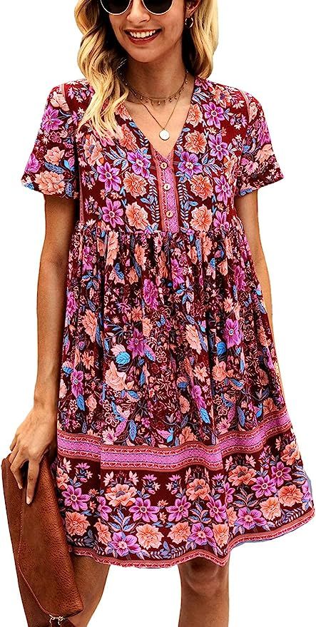 KIRUNDO Women’s Summer Floral Mini Dress V Neck Short Sleeve Casual Dress Flowy Loose Cute Dres... | Amazon (US)