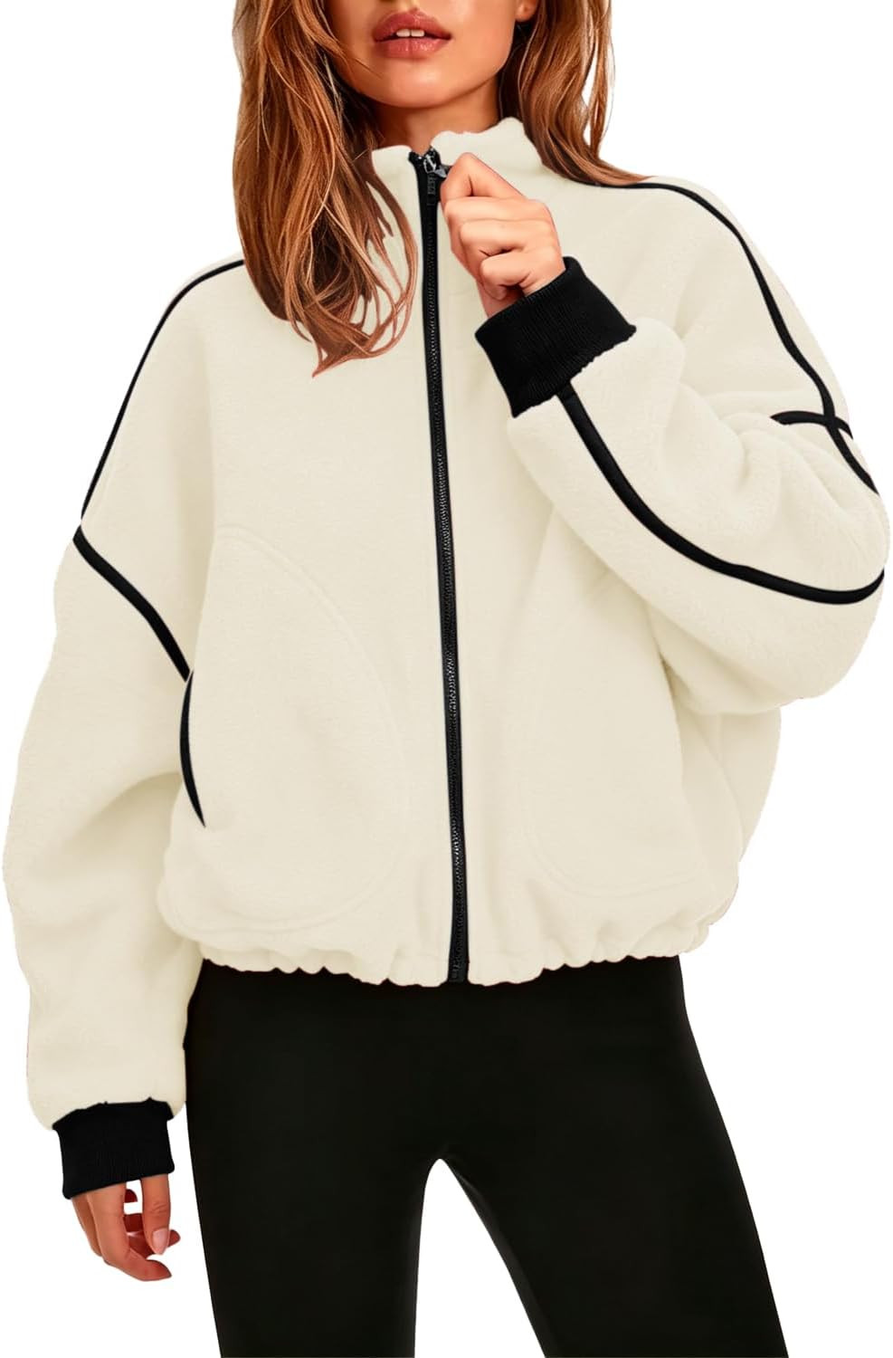 QINSEN Women Fleece Jacket Cropped Full-Zip Up Sherpa Jackets Warm Stand Collar Outerwear with Pockets | Amazon (US)