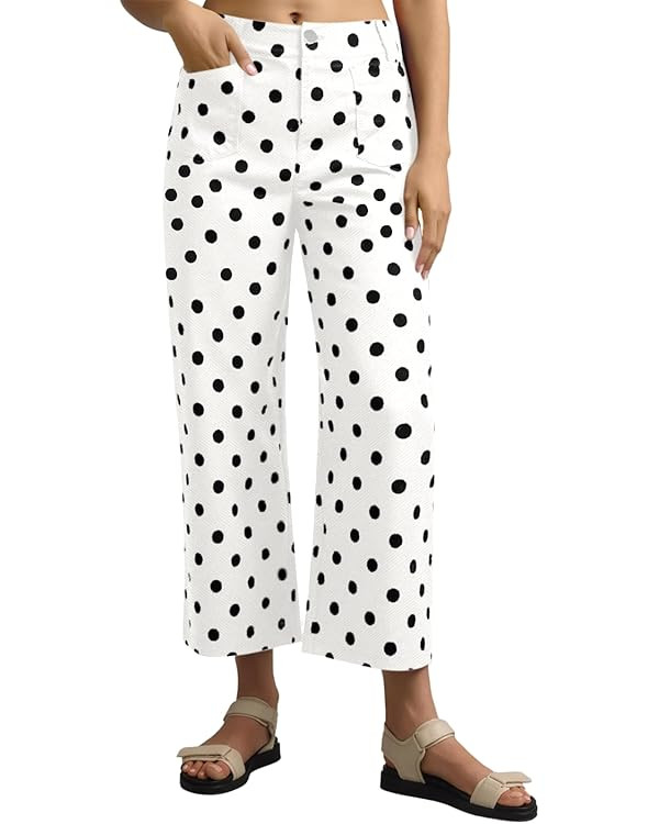 Tankaneo Womens Cropped Striped Jeans Casual High Waisted Stretchy Polka Dots Straight Leg Denim ... | Amazon (US)