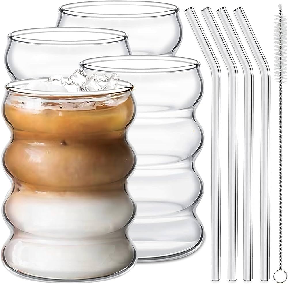 4 Pcs Drinking Glasses with Glass Straw 14oz Glassware Set,Cocktail Glasses,Iced Coffee Glasses,B... | Amazon (US)