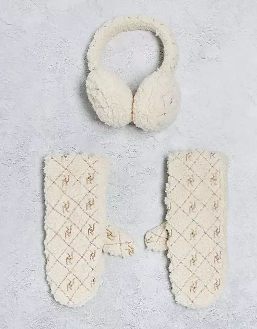 River Island teddy monogram earmuff and glove set in cream | ASOS (Global)
