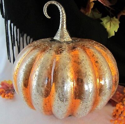 Orange Silver Mercury Crackled Glass Pumpkin Metal Stem Thanksgiving Decor 9.2"  | eBay | eBay US