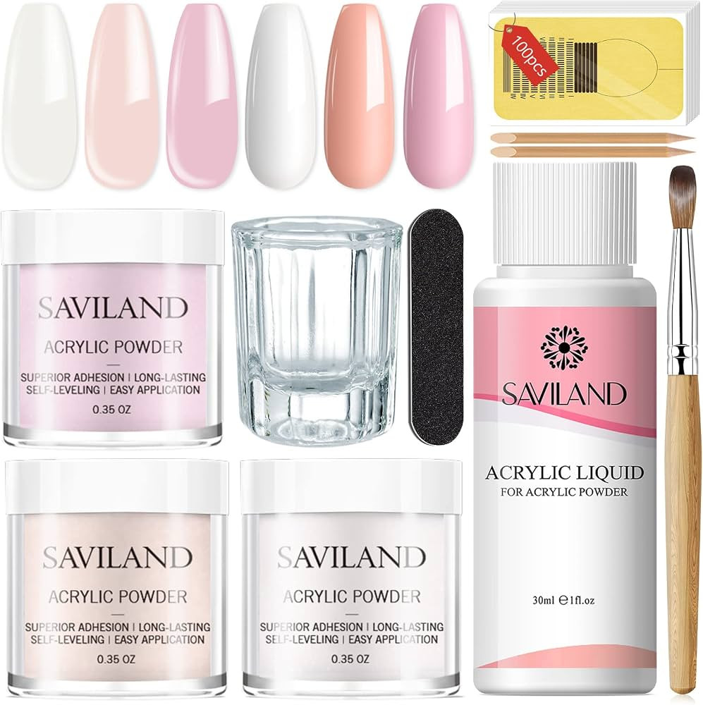 Saviland Acrylic Nail Starter Kit: Clear Pink Nude Acrylic Powder & Liquid, Brush, Files, Forms, ... | Amazon (US)