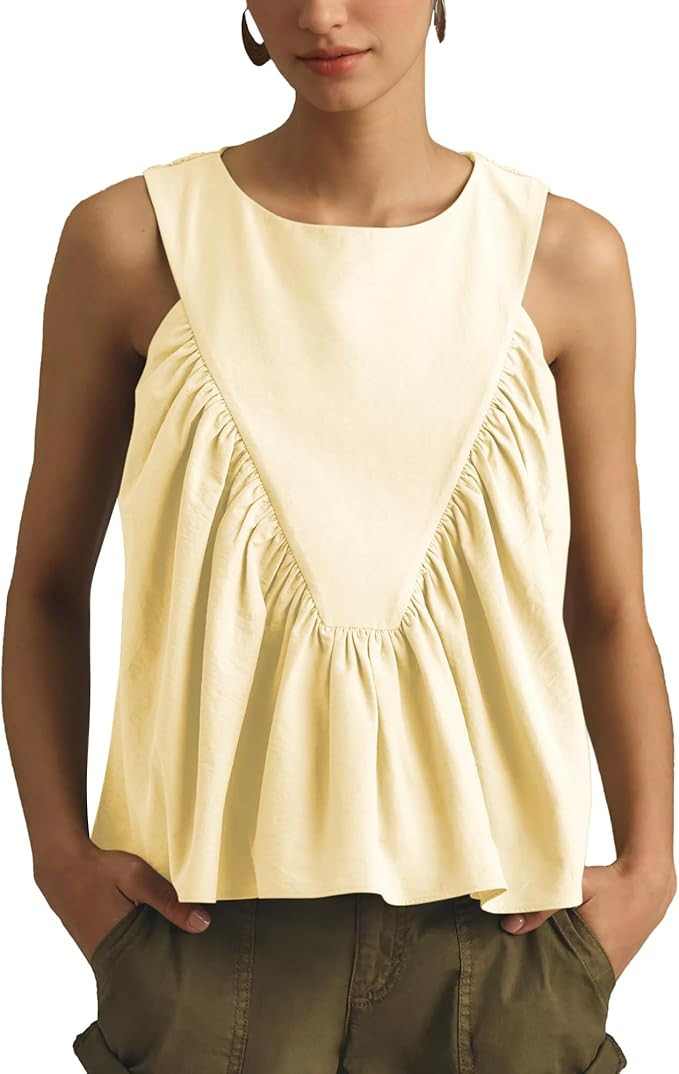 Hixiaohe Shirred Swing Tank Tops for Women Fashion Flowy Sleeveless Shirts Casual Crew Neck Blous... | Amazon (US)