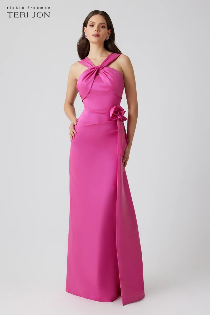 Taffeta Twist Neck Cuff Bust 3D Flower Gown | TERIJON