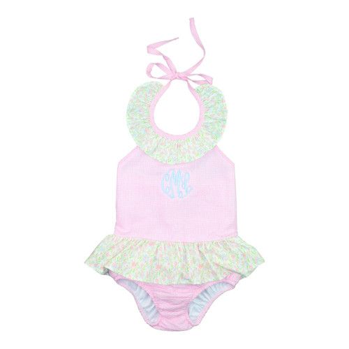 Pink Seersucker And Floral Swimsuit - Shipping Early March | Cecil and Lou