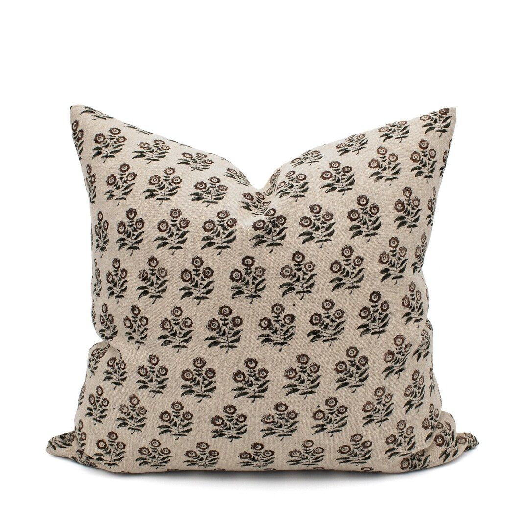 Tan Brown Linen Hand Block Print Pillow Cover Maximalist Decor Handmade Home Housewarming Gift Fi... | Etsy (US)