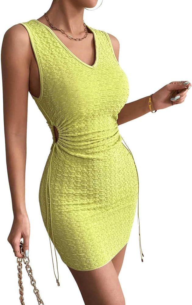 GORGLITTER Women's Cut Out Bodycon Mini Dress Drawstring Ruched Sleeveless Textured V Neck Tank D... | Amazon (US)