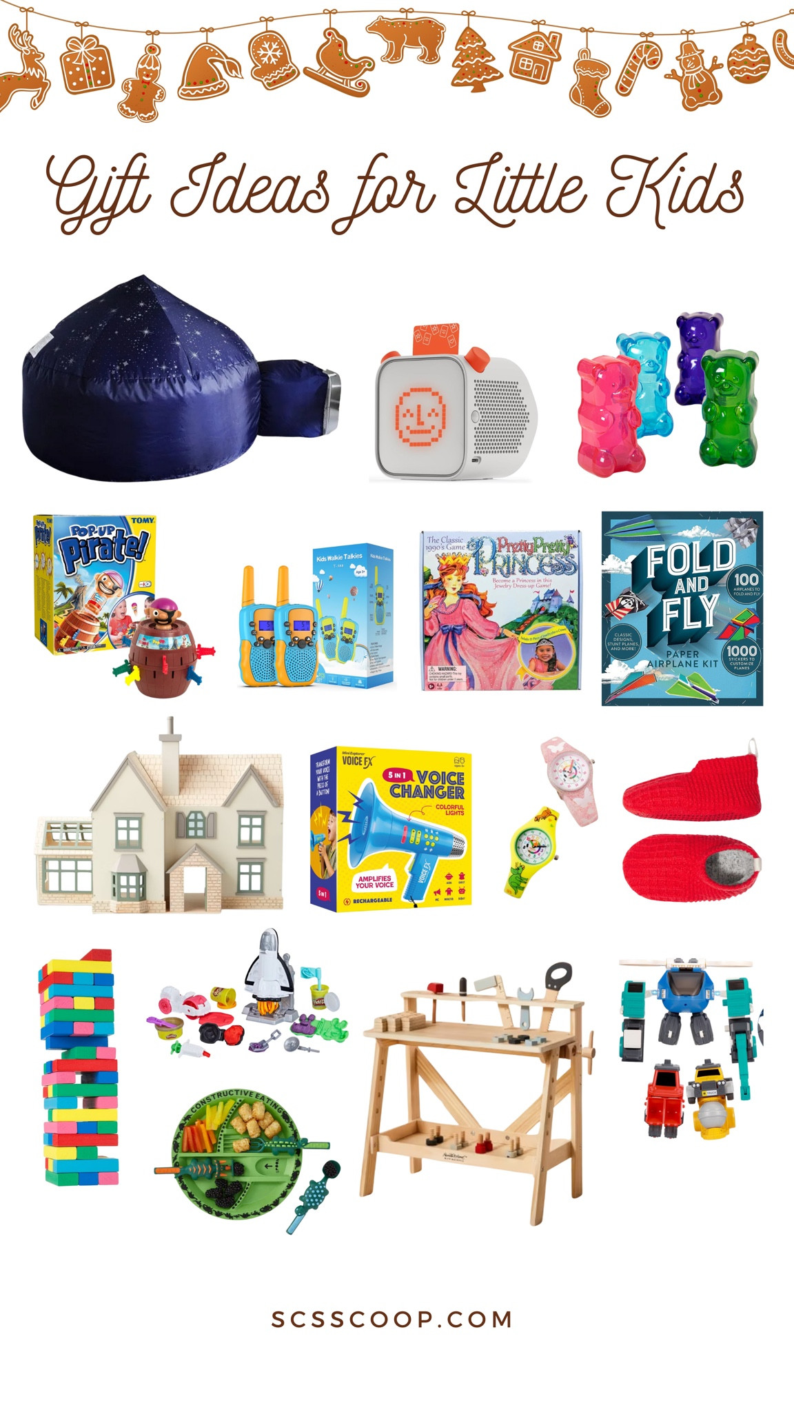 Holiday Gift Guide - gift ideas for little kids, boys and girls!

Blow up play fort, yoto story player, gummy bear lights, pirate game, walkie talkies, pretty princess game, paper airplane book, wooden dollhouse, voice changer toy, watch for learning time, knit bootie socks for winter, block tower, rocket play doh set, fun dinosaur plate and utensil set, wooden work bench and tool set, robot transformer 

So many pieces are on sale for Cyber Monday too!

 Christmas gift ideas 

#LTKGiftGuide #LTKCyberWeek #LTKKids