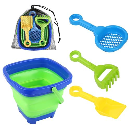 Beach Toys Set, Collapsible Bucket with 3 Shovel Sand Toys & Mesh Bag Foldable Pail Bucket Beach Set for Toddler Kid Boy and Girl Sandbox Castle Building Kit Travel Beach Party Favor Summer Activities | Amazon (US)