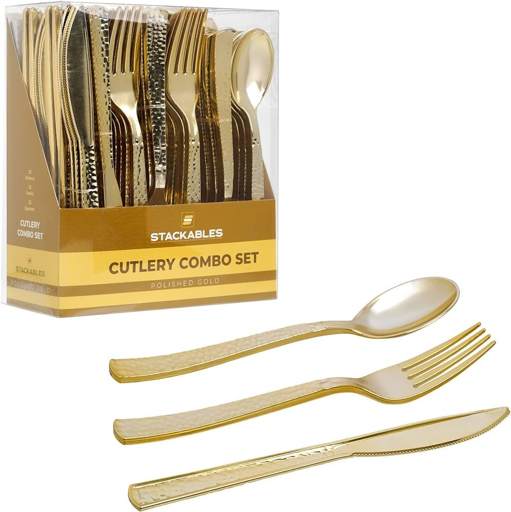 STACKABLES Ensemble de 96 couverts en plastique doré poli ~ Cuillères, fourchettes et couteaux ... | Amazon (FR)