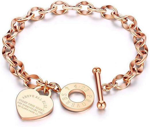 JUPPE 14K Rose Gold Titanium Steel Engraved Bracelet Personalized Bangle Gift for Women Girls | Amazon (US)