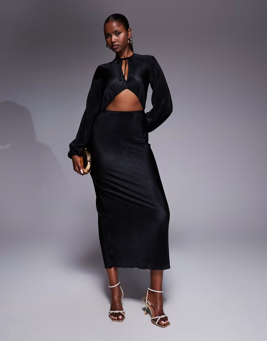 ASOS DESIGN plisse cut out bow front midi dress in black | ASOS (Global)