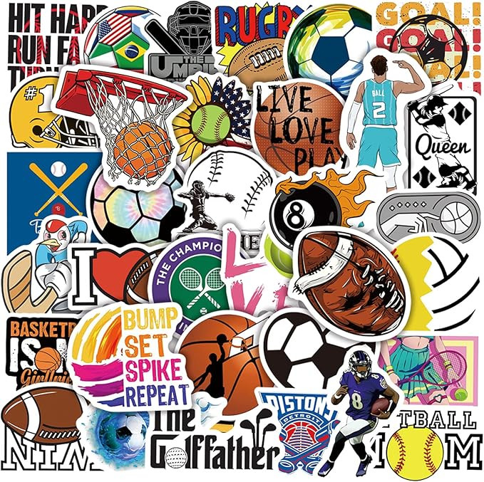 Sports Stickers for Water Bottles, 50PCS Vinyl Waterproof Mixed Softball, Baseball, Soccer, Baske... | Amazon (US)