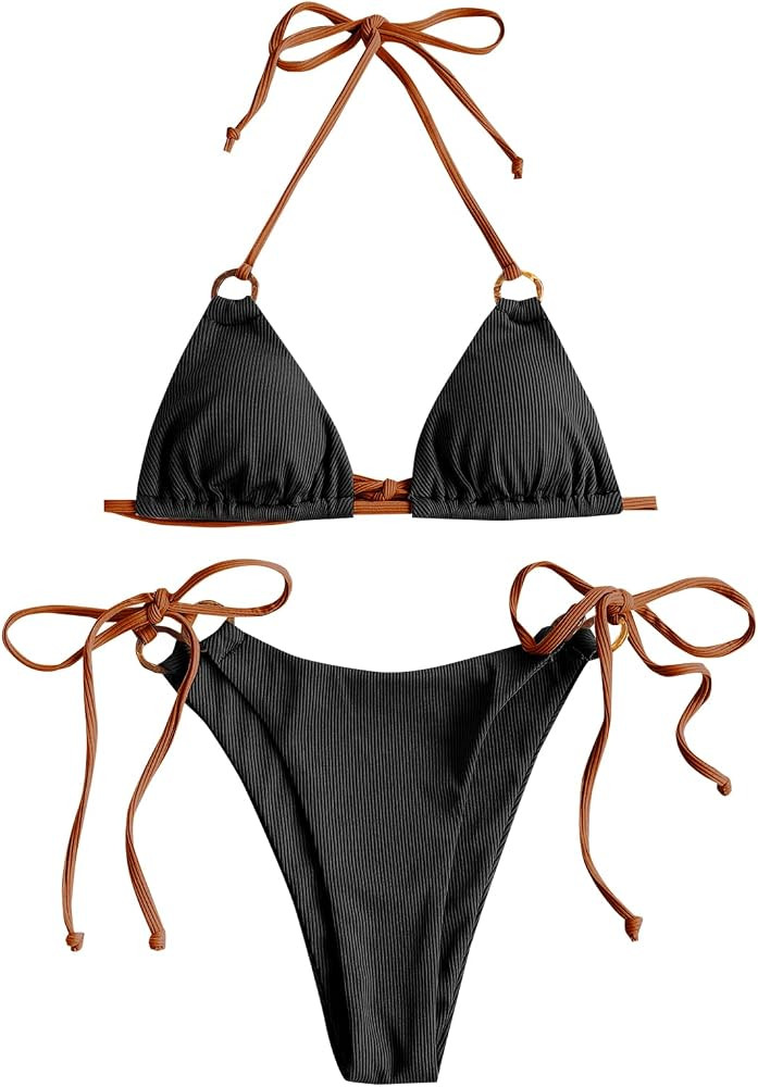 ZAFUL Bikini triangular halter para mujer, traje de baño acanalado con tirantes fruncidos, traje... | Amazon (US)