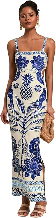 Women's Tropical Bow Tie Back Long Dress Sleeveless Split Vacation Maxi Dress | Amazon (US)