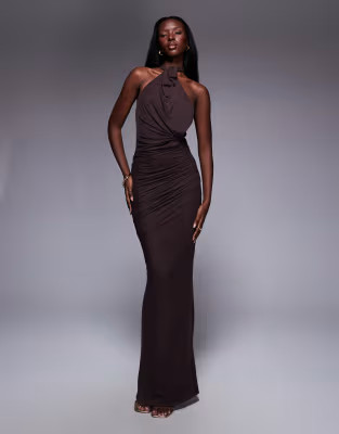 ASOS DESIGN mesh twist bust detail halter maxi with tie back neck in chocolate | ASOS (Global)