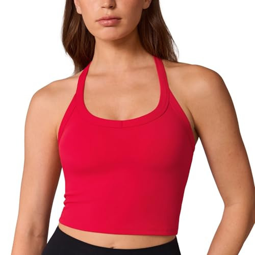 UNISSU Hugcurve Racerback Longline Sports Bra for Women Scoop Neck with Built in Bra Yoga Tank Crop Tops Padded Camisole Aurora Red X-Large | Amazon (US)