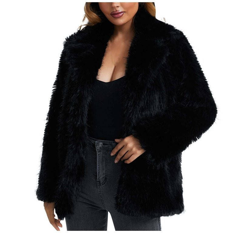 Womens Shaggy Faux Fur Zip Up Coat Warm Casual Winter Outwear Black L - Walmart.com | Walmart (US)