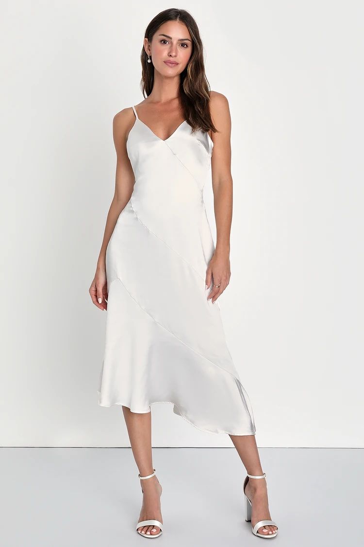 Elegant Instinct Ivory Asymmetrical Bias-Cut Slip Midi Dress | Lulus (US)