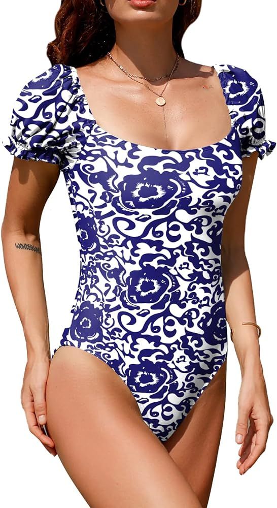 Upopby Women's Retro Puff Sleeve One Piece Swimsuits Tummy Control Backless Monokini Swimwear Lac... | Amazon (US)