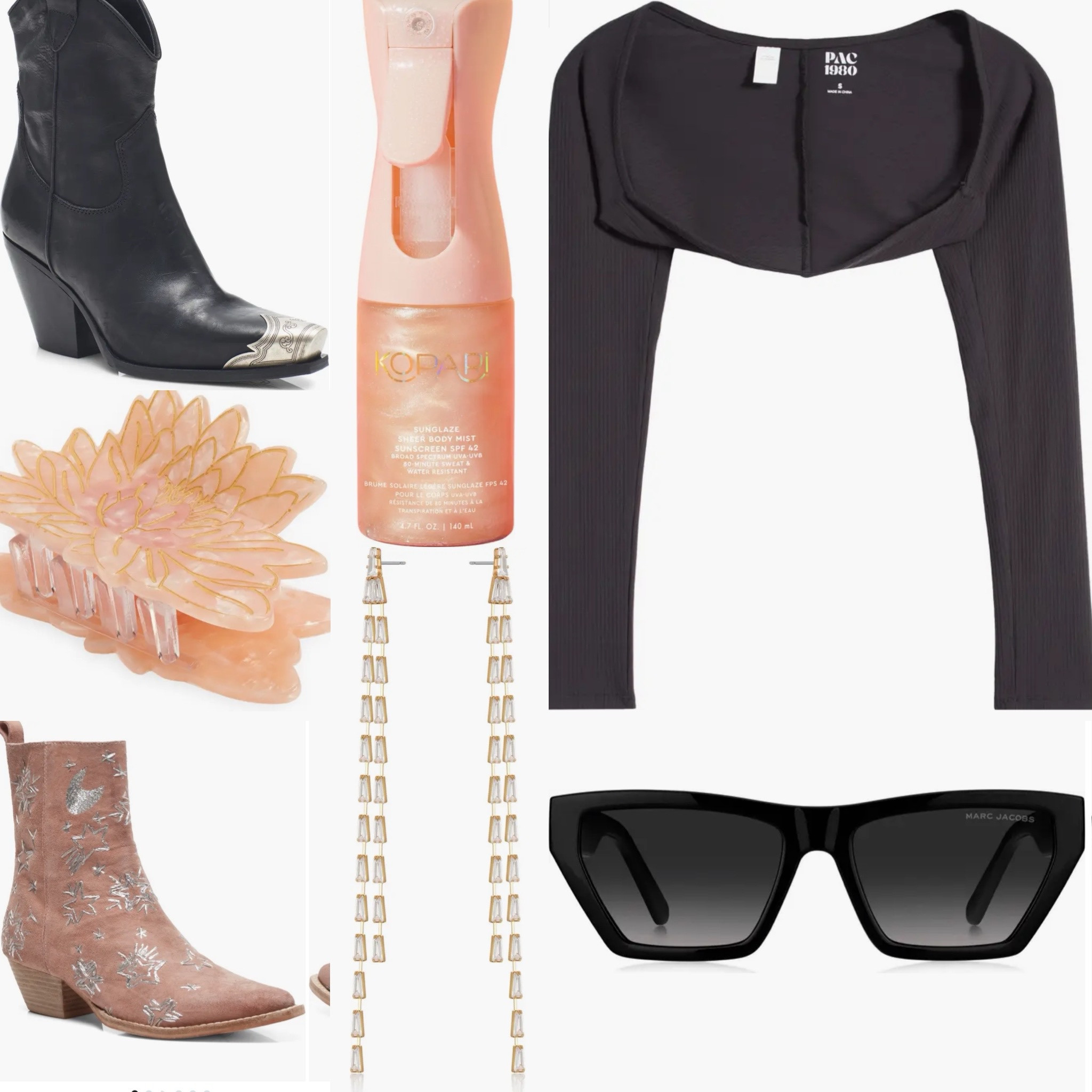 Coachella, stagecoach, festival outfit, festival fashion, festival must haves, western, cowgirl boots, free people, Nordstrom, black shrug, black sunglasses, drop diamond earrings, gold body lotion, body mist, spf, body glow, country concert outfit 

#LTKFestival #LTKshoecrush #LTKstyletip